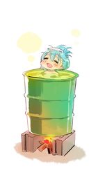  bare_shoulders bath blue_hair cinder_block closed_eyes commentary_request drum_(container) female fire hair_up highres kantai_collection nonco open_mouth smile solo suzuya_(kancolle) towel towel_on_head 