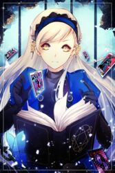  black_hair blonde_hair blue_hairband book bug butterfly commentary_request elbow_gloves female gloves hairband headband highres lavenza_(persona_5) long_hair mizury_ruru persona persona_5 spoilers yellow_eyes 