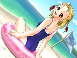  adachi_rika beach blonde_hair blush female game_cg green_eyes innertube joy_ride libido looking_at_viewer looking_back one-piece_swimsuit outdoors pinup_girls short_hair sky small_breasts smile solo swimsuit water 