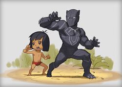  2boys black_hair black_panther_(marvel) bodysuit canonfalao claws commentary_request company_connection crossover dark-skinned_male dark_skin disney full_body highres male_focus marvel mowgli multiple_boys name_connection open_mouth photoshop_(medium) skin_tight standing superhero_costume t&#039;challa teeth the_jungle_book 