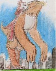  avian bird building city cloud crayon_(artwork) destruction dinosaur dromaeosaurid duo extinct graphite_(artwork) hi_res kenyaalldel macro micro mixed_media pencil_(artwork) prehistoric_species reptile riding scalie sky theropod traditional_media_(artwork) velociraptor 