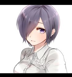  blush breasts chii_(sbshop) commentary_request female hair_over_one_eye kirishima_touka letterboxed long_eyelashes looking_at_viewer medium_breasts no_nose open_mouth purple_eyes purple_hair shirt short_hair simple_background solo tokyo_ghoul upper_body white_background white_shirt 