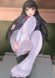  black_hair blue_eyes blush chalkboard classroom desk feet female hair_ornament hairclip kokuryuugan long_hair looking_at_viewer nijisanji no_shoes panties pantyshot parted_lips pov pov_feet sitting skirt skirt_lift soles tsukino_mito underwear white_legwear 