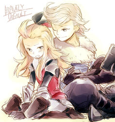  1boy armor blonde_hair book bravely_default:_flying_fairy bravely_default_(series) commentary_request earrings edea_lee female gloves jewelry long_hair one_eye_closed pantyhose ribbon ringabel smile wakaya_hana 