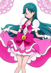  bakusai bare_legs blue_eyes blue_hair bow braid clothes_lift commentary_request cosplay crown_braid cure_flora cure_flora_(cosplay) female gloves go!_princess_precure kaidou_minami long_hair magical_girl pink_bow pink_skirt precure puffy_sleeves skirt skirt_lift smile solo waist_bow white_background white_gloves 