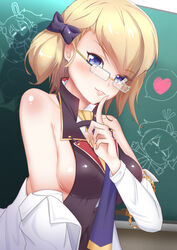  azur_lane bespectacled blonde_hair blue_eyes bow breasts chalkboard chinese_commentary commentary_request covered_nipples female finger_to_mouth glasses hairbow heart highres javelin_(azur_lane) laffey_(azur_lane) lenxiao lips official_alternate_costume photoshop_(medium) sideboob small_breasts solo spoken_heart z23_(azur_lane) z23_(philosophy_sensei)_(azur_lane) 