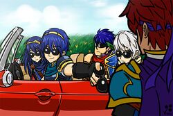  4boys :3 armor blue_hair car female female fire_emblem glasses ike ike_(fire_emblem) long_hair lucina lucina_(fire_emblem) marth marth_(fire_emblem) motor_vehicle multiple_boys my_unit my_unit_(fire_emblem:_kakusei) nintendo red_hair roy_(fire_emblem) serious short_hair smile sunglasses super_smash_bros. white_hair 