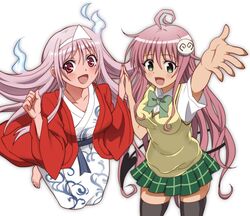  2girls ahoge albino barefoot blush breasts commentary_request crossover demon_tail floating ghost green_eyes hair_ornament holding_hands jacket japanese_clothes kimono lala_satalin_deviluke large_breasts long_hair looking_at_viewer multiple_girls onomekaman open_mouth peke pink_hair red_eyes skindentation smile tail thighhighs to_love-ru triangular_headpiece yunohana_yuuna yuragisou_no_yuuna-san 