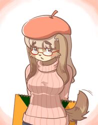  anthro breasts brown_body brown_eyes brown_fur brown_hair canid canine canis digital_media_(artwork) domestic_dog eyewear female fur glasses hair kemono kin-shun long_hair mammal solo 