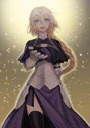  armor armored_dress black_thighhighs blonde_hair braid briska capelet commentary_request fate/apocrypha fate_(series) faulds female gauntlets headgear jeanne_d&#039;arc_(fate) jeanne_d&#039;arc_(ruler)_(fate) long_hair long_skirt outstretched_hand photoshop_(medium) purple_eyes side_slit single_braid skirt smile solo thighhighs 