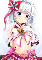  3: bare_shoulders blue_eyes blunt_bangs blush bow braid breasts christmas closed_mouth commentary_request female gem gloves hair_intakes hand_up head_tilt heart keyhole looking_at_viewer maccha navel pleated_skirt red_skirt shironeko_project short_hair skirt small_breasts solo tina_topia underboob upper_body white_bow white_gloves white_hair 