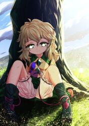  bird blonde_hair bloomers boots commentary_request eyebrows female green_eyes green_footwear green_skirt hair_between_eyes heart highres komeiji_koishi long_sleeves looking_at_viewer nomayo outdoors sitting skirt smile solo third_eye touhou tree underwear wide_sleeves 