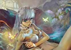  animal_ears arch bare_shoulders blue_eyes bra breasts bug butterfly cat_ears circlet cleavage collarbone commentary copyright_name creature derivative_work dragon earrings eos_(ff14) eyelashes facial_mark fairy female final_fantasy final_fantasy_xiv from_above glasses glowing green_eyes hair_ornament heterochromia highres jewelry light_particles long_hair medium_breasts mini_person minigirl miqo&#039;te necklace on_bed parted_lips photoshop_(medium) pillow red_lips selene_(ff14) semi-rimless_eyewear slit_pupils solo_focus stomach strap_slip tail thighhighs under-rim_eyewear underwear underwear_only upper_body warrior_of_light_(ff14) whisker_markings white_bra white_hair window ziso 