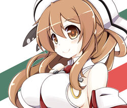  bare_shoulders between_breasts blush breasts brown_eyes brown_hair collared_shirt commentary_request detached_sleeves female flag_background hair_between_eyes hair_ornament hat highres italian_flag kantai_collection large_breasts littorio_(kancolle) long_hair looking_at_viewer nanashino_(nanasino101) necktie necktie_between_breasts perky_breasts photoshop_(medium) ponytail red_necktie shirt sideboob sleeveless sleeveless_shirt smile solo tareme upper_body wavy_hair white_hat wing_collar 