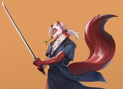  2018 anthro canid canine clothed clothing digital_media_(artwork) fox fur hair male mammal melee_weapon selkiro solo sword weapon 