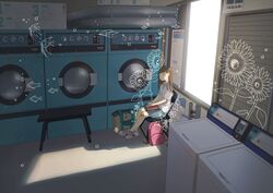  bag bandages brown_hair closed_eyes commentary_request female fish laundromat long_hair mituame original school_uniform shoes sitting skirt sleeping sleeping_upright solo surreal top-load_washing_machine washing_machine wide_shot 