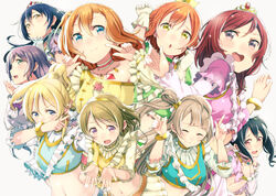  ayase_eri black_hair blonde_hair blue_eyes blue_hair brown_hair dress green_eyes group haruken headband hoshizora_rin koizumi_hanayo kousaka_honoka long_hair love_live!_school_idol_project minami_kotori navel nishikino_maki orange_hair purple_eyes purple_hair red_eyes red_hair short_hair sonoda_umi tiara toujou_nozomi twintails yazawa_nico yellow_eyes 