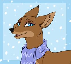  black_nose blue_background blue_eyes brown_body brown_fur deer female feral fur mammal mitzi_(characters) mitzi_(rudolph&#039;s_mom) open_mouth rudolph_saves_the_sprites rudolph_the_red-nosed_reindeer:_the_movie scarf simple_background smile snow solo yelnatsdraws 