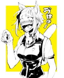  :d animal_ears bad_id bad_link bad_twitter_id bell blush cat_ears cat_tail collar female jingle_bell kuraishi_tanpopo laughing monochrome open_mouth sharp_teeth short_hair short_sleeves smile solo tail teeth upper_body vest witch_craft_works yellow_theme yousuke_(yosk) 