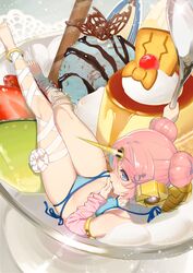  armlet bandaged_leg bandages bare_shoulders barefoot bikini blue_bikini blue_eyes commentary_request detached_sleeves double_bun fate/grand_order fate_(series) female food food_focus frankenstein&#039;s_monster_(fate) frankenstein&#039;s_monster_(swimsuit_saber)_(fate) frankenstein&#039;s_monster_(swimsuit_saber)_(second_ascension)_(fate) from_above hair_bun hair_ornament hairclip halterneck horns ice_cream in_food long_sleeves looking_to_the_side mechanical_horns mini_person minigirl oversized_object pink_arm_warmers pink_hair samurai10932 short_hair side-tie_bikini_bottom single_detached_sleeve single_horn sitting solo spoon sundae swimsuit wafer wafer_stick 