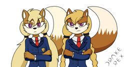  anthro blonde_hair canid canine cheek_tuft clothed clothing crossed_arms dipstick_tail drake-rex duo eyebrows eyelashes facial_tuft fox hair july_(drake-rex) long_hair mammal markings may_(drake-rex) multicolored_tail necktie purple_eyes school_uniform sibling_(lore) tail tail_markings tuft twins_(lore) twintails uniform 