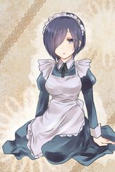  apron arm_support beige_background black_neckwear blue_dress blue_eyes breasts chii_(sbshop) closed_mouth commentary_request dot_nose dress eyes_visible_through_hair female frown hair_ornament hair_over_one_eye kirishima_touka large_breasts looking_at_viewer looking_to_the_side maid maid_apron maid_headdress on_ground purple_hair ribbon short_hair sitting solo tokyo_ghoul white_apron 