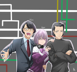  2boys ;) absurdres arm_around_waist bad_id bad_pixiv_id black_hair black_shirt blazer character_name crossed_arms crossover denkou_choujin_gridman dheejay91 female glasses grey_background gridman_universe highres hood hoodie jacket light_purple_hair malcolm_frink multiple_boys necktie one_eye_closed red_necktie shinjou_akane shirt signature smile ssss.gridman superhuman_samurai_syber-squad toudou_takeshi trait_connection turtleneck 