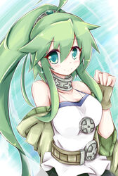  ahoge bare_shoulders belt breasts choker cleavage commentary_request duel_monster earrings female fingerless_gloves gloves green_eyes green_hair highres jewelry large_breasts long_hair looking_at_viewer nanashino_(nanasino101) necklace photoshop_(medium) ponytail smile solo very_long_hair winda_(yu-gi-oh!) winda_priestess_of_gusto yu-gi-oh! 