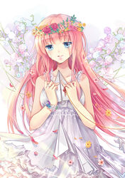  absurdres bad_id bad_pixiv_id blue_eyes crying crying_with_eyes_open dress ekita_kuro female flower head_wreath highres holding holding_paper_airplane just_be_friends_(vocaloid) long_hair megurine_luka paper_airplane parted_lips pink_hair solo string string_of_fate tears vocaloid white_dress 