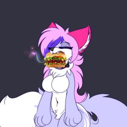  1:1 2018 absurd_res alternate_version_at_source anthro breasts burger burger_bun canid canine cheese cheese_singles dairy_products fangs featureless_breasts female food fox front_view fruit grey_background hair hi_res lettuce mammal mazz mazzlerazz meat navel pink_ears pink_hair plant simple_background solo standing teeth tomato vegetable 