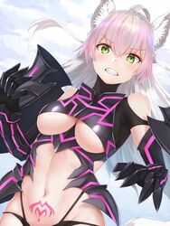  ahoge animal_ears armor atalanta_(fate) atalanta_alter_(fate) atalanta_alter_(third_ascension)_(fate) bare_shoulders black_armor black_gloves black_panties blue_sky blush breasts clenched_teeth cloud commentary_request crop_top day elbow_gloves fangs fate/grand_order fate_(series) female floating_hair from_below gauntlets gloves gradient_hair green_eyes grey_hair groin hair_between_eyes hand_up highleg highleg_panties highres long_hair looking_at_viewer medium_breasts multicolored_hair navel outdoors panties pink_hair plackart pubic_tattoo reuri_(tjux4555) scowl sky solo standing stomach tail tattoo teeth turtleneck underboob underwear v-shaped_eyebrows 