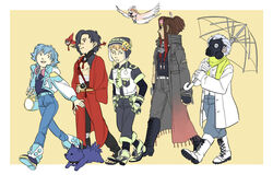  5boys badge bag bandages barbell_piercing belt beni_(dramatical_murder) bird blonde_hair blue_hair boots bracelet brown_hair button_badge clear_(dramatical_murder) commentary_request cross-laced_footwear denim dramatical_murder dreadlocks feathers fingerless_gloves flying gas_mask gloves gradient_hair grey_hair hair_ornament hat headband headphones highres hood ikiru_(ikiusagi) jacket japanese_clothes jeans jewelry koujaku lace-up_boots lip_piercing long_coat long_hair looking_back major_mitchell&#039;s_cockatoo male_focus mask mink_(dramatical_murder) multicolored_hair multiple_boys necktie nipples noiz_(dramatical_murder) nose_piercing pants piercing ponytail ren_(dramatical_murder) safety_pin scar scarf seragaki_aoba shirt short_hair simple_background smile t-shirt tassel tori_(dramatical_murder) umbrella walking yellow_eyes 