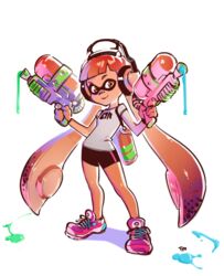  bike_shorts domino_mask dual_wielding female flat_chest full_body headphones highres inkling long_hair mask nintendo orange_eyes orange_hair shoes simple_background smile sneakers solo splatoon super_soaker tentacle_hair twintails typo_(requiemdusk) very_long_hair 