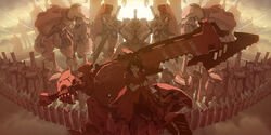  army backlighting belt belt_buckle buckle cigar coat commentary_request crossed_arms dog_tags female grin highres holding holding_sword holding_weapon hood huge_weapon long_coat mecha over_shoulder pixiv_fantasia pixiv_fantasia_1 ponytail red_coat red_theme robot short_sleeves slit_pupils smile standing swept_bangs sword tsukuba_masahiro viola_(pixiv_fantasia) weapon weapon_over_shoulder 