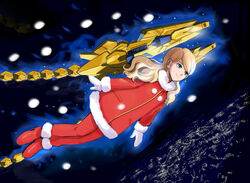  aura blonde_hair christmas city_lights commentary_request female flying gacha-m gloves green_eyes gundam gundam_narrative long_hair long_sleeves mecha_musume mechanical_wings night night_sky photoshop_(medium) red_footwear rita_bernal santa_costume sky smile snow unicorn_gundam_phenex white_gloves wings 