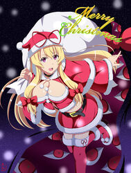  :d absurdres belt belt_buckle black_belt blonde_hair boots breasts buckle christmas cleavage commentary_request female fur-trimmed_boots fur-trimmed_headwear fur-trimmed_legwear fur-trimmed_skirt fur-trimmed_sleeves fur_trim gap_(touhou) hair_between_eyes hair_ribbon hat highres kyoukyan large_breasts long_hair looking_at_viewer merry_christmas open_mouth pom_pom_(clothes) purple_eyes red_footwear red_hat red_skirt red_thighhighs ribbon sack santa_costume santa_hat skirt smile snowing solo thighhighs touhou tress_ribbon wide_sleeves yakumo_yukari 