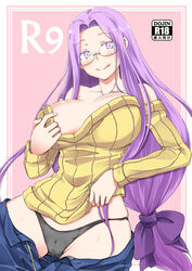  :p bare_shoulders black_panties breasts cameltoe commentary_request fate/stay_night fate_(series) female glasses hair_ribbon large_breasts long_hair looking_at_viewer low-tied_long_hair medusa_(fate) medusa_(rider)_(fate) painttool_sai_(medium) panties pink_background purple_eyes purple_hair ribbed_sweater ribbon solo sweater tongue tongue_out underwear very_long_hair zanku 