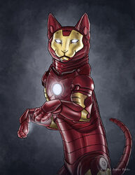  2012 abstract_background alternate_species ambiguous_gender armor domestic_cat felid feline felis feral feral_armor furgonomics glowing iron_man jenny_parks machine mammal marvel power_armor semi-anthro solo what 