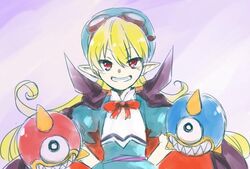  blonde_hair blue_hat bow cape commentary_request curly_hair dress female goggles goggles_on_head hat long_hair marivel_armitage one-hour_drawing_challenge pointy_ears red_eyes ribbon smile solo vampire wamotori wild_arms wild_arms_2 