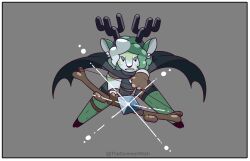  absurd_res aiming_weapon anthro antlers arrow_(weapon) border bow_(weapon) cape clem_satyr clothing female freckles gloves green_body green_freckles green_hair grey_background hair handwear hi_res hooves horn light pose ranged_weapon satyr simple_background solo thesummerwitch weapon white_body white_hair 