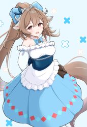  :d animal_ears arknights arms_behind_back bare_shoulders bell blue_background blue_bow blue_bowtie blue_sash blue_skirt blush bow bowtie brown_hair commentary curled_horns eyjafjalla_(arknights) eyjafjalla_the_hvit_aska_(a_picnic_before_a_long_trip)_(arknights) eyjafjalla_the_hvit_aska_(arknights) feet_out_of_frame female frilled_shirt frills grey_horns hair_between_eyes hairbow highres horns jingle_bell long_hair long_sleeves looking_at_viewer mikisarara neck_bell official_alternate_costume open_mouth pink_eyes ponytail sash shirt skirt smile solo standing very_long_hair white_shirt 