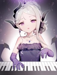  black_horns blue_archive blush demon_horns dress earrings elbow_gloves female gloves halo hina_(blue_archive) hina_(dress)_(blue_archive) horns instrument jewelry long_hair looking_at_viewer multiple_horns music necklace official_alternate_costume official_alternate_hairstyle piano piano_keys playing_instrument playing_piano purple_dress purple_eyes purple_gloves solo strapless strapless_dress undreaming white_hair wings 