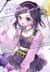  alternate_costume arm_cutout balloon belt birthday black_belt black_hair blush breasts cleavage collarbone commentary_request cowboy_shot crop_top female green_eyes hair_ornament hairband hand_up heart heart_balloon heart_necklace highres idol idol_clothes idolmaster idolmaster_cinderella_girls idolmaster_cinderella_girls_starlight_stage jacket jewelry lbn4_cg long_sleeves looking_at_viewer medium_hair midriff navel necklace official_alternate_hairstyle open_clothes open_jacket pearl_hairband pink_jacket purple_skirt recording saejima_kiyomi sidelocks skirt small_breasts solo standing straight_hair teeth three_quarter_view tongue translation_request upper_teeth_only viewfinder 