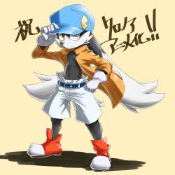  anthro bandai_namco baseball_cap bottomwear clothed clothing domestic_cat felid feline felis gloves hand_on_hip handwear hat headgear headwear hybrid jacket japanese_text jimnydaisuki klonoa klonoa_(series) lagomorph leporid male mammal open_clothing open_jacket open_topwear rabbit shorts solo text topwear translated 