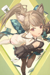  animal_ear_fluff animal_ears aqua_bow black_dress blunt_bangs bow breasts brown_hair brown_pantyhose cat_ears cat_girl cleavage dress eyebrows_hidden_by_hair female floating_hair genshin_impact hairbow highres layered_dress long_hair looking_at_viewer lynette_(genshin_impact) nooo open_mouth pantyhose red_eyes running short_dress shrug_(clothing) small_breasts solo very_long_hair 