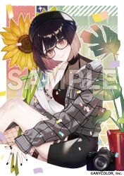  ameno_(ameno_f) black-framed_eyewear black_hat black_nails black_shirt black_skirt brown_eyes camera closed_mouth colored_inner_hair confetti copyright_name female fishnet_thighhighs fishnets flower glasses hat jacket looking_at_viewer multicolored_hair nijisanji official_art open_clothes open_jacket plaid_clothes plaid_jacket plant potted_plant seto_miyako seto_miyako_(2nd_costume) shirt single_fishnet_legwear single_thighhigh sitting skirt smile solo sunflower thighhighs virtual_youtuber 