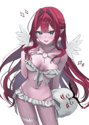  absurdres angel_wings baobhan_sith_(fate) bikini breasts cernunnos_(fate) fate/grand_order fate_(series) female frilled_bikini frills grey_eyes hand_on_own_chest highres long_hair looking_at_viewer mikon_(nicknqme) navel open_mouth pink_hair pointy_ears revision sidelocks smile solo stuffed_toy swimsuit white_background white_bikini wings 