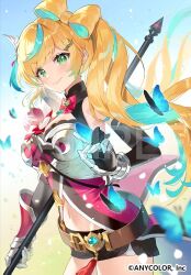  ancotaku aqua_hair armor belt black_gloves black_shorts blonde_hair bow-shaped_hair breasts brown_belt bug butterfly closed_mouth colored_inner_hair copyright_name female fingerless_gloves gloves gradient_hair green_eyes hair_ornament holding holding_weapon multicolored_hair nijisanji official_art ponytail sample_watermark short_shorts shorts smile solo streaked_hair tachitsute_toto tassel virtual_youtuber watermark weapon 