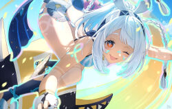  :d absurdres bare_shoulders blue_hair blue_hairband blue_headband body_markings braid breasts female genshin_impact gloves hairband headband highres kinaco_4738 light_blue_hair long_hair looking_at_viewer mualani_(genshin_impact) one_eye_closed open_mouth red_eyes shark smile solo surfing symbol-shaped_pupils tan twin_braids 