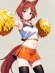  alternate_costume animal_ears black_thighhighs brown_hair cheerleader commentary cowboy_shot cropped_shirt female highres horse_ears horse_girl horse_tail looking_at_viewer midriff miniskirt navel orange_skirt pleated_skirt pom_pom_(cheerleading) purple_eyes sakura_laurel_(umamusume) shirt short_hair skirt sleeveless sleeveless_shirt smile solo standing sweat tail thighhighs umamusume white_shirt zenbrush2 